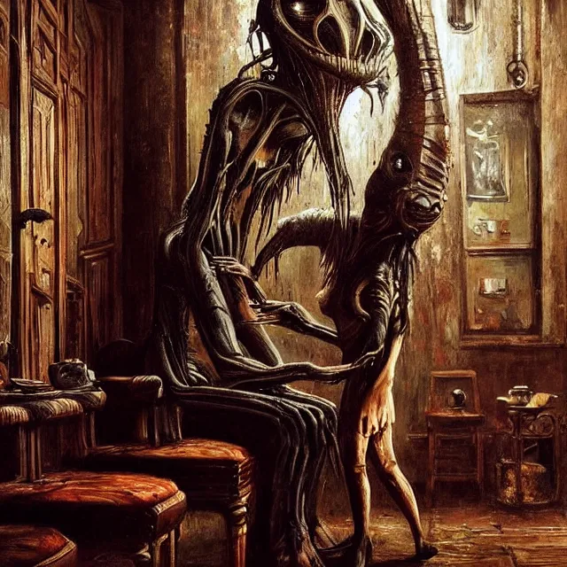 Prompt: a strange creature greeting a female explorer in a dining room, haunted house, masterpiece, detailed human face, rhads!!!, magical realism, urban fantasy, a hooded figure, a fierce woman, ( h. r. giger )