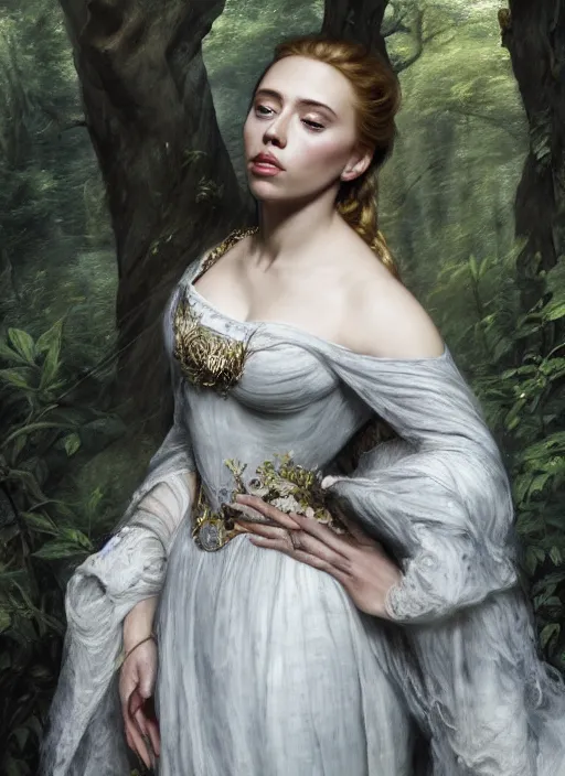 Image similar to Beautiful elsa, Looks like Scarlett Johansson, In the woods, Dramatic, Edge, Good, Infused, Backlight, De-Noise, VFX, insanely detailed and intricate, hypermaximalist, facial ,elegant, ornate, hyper realistic, super detailed, by Anthony Van Dyck, by Ivan Shishkin, by John Constable