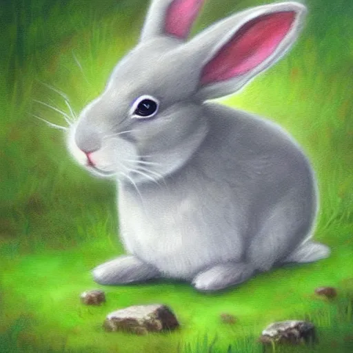 Prompt: a cute gray rabbit eating lettuce, mtg, fantasy art painting