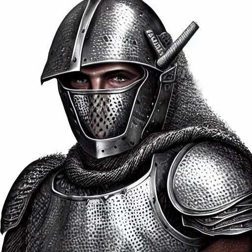Prompt: head and shoulders portrait of bachir gemayel, knight armor, chainmail over his shoulders and muscle joints, steel sword, bachir gemayel, by artgerm, face detail, extremely detailed, digitial illustration