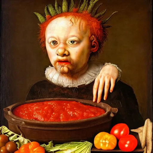 Prompt: a 9 year old boy sitting in a tub full of tomato sauce, a lot of cabbage, by giuseppe arcimboldo and ambrosius benson, renaissance, fruit, intricate and intense oil paint, realistic n 8