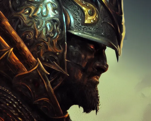 Image similar to realistic side view painting of a king in the mountain, angry, beautiful face, black iron armour, sword, lava, dramatic lighting, intricate, wild, highly detailed, digital painting, artstation, concept art, smooth, sharp focus, illustration