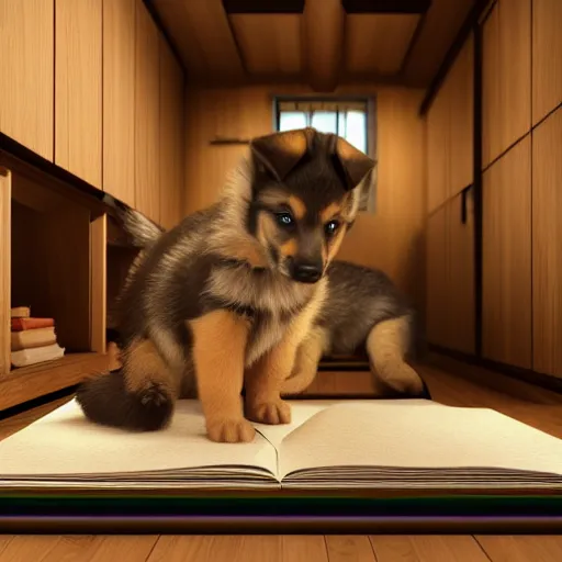 Image similar to eye - level view, a super cute gsd puppy ate my homework in my room and woke up the next day smart, hilarious, funny, back to school comedy, cg animation, 3 d octane render, imax 7 0 mm,