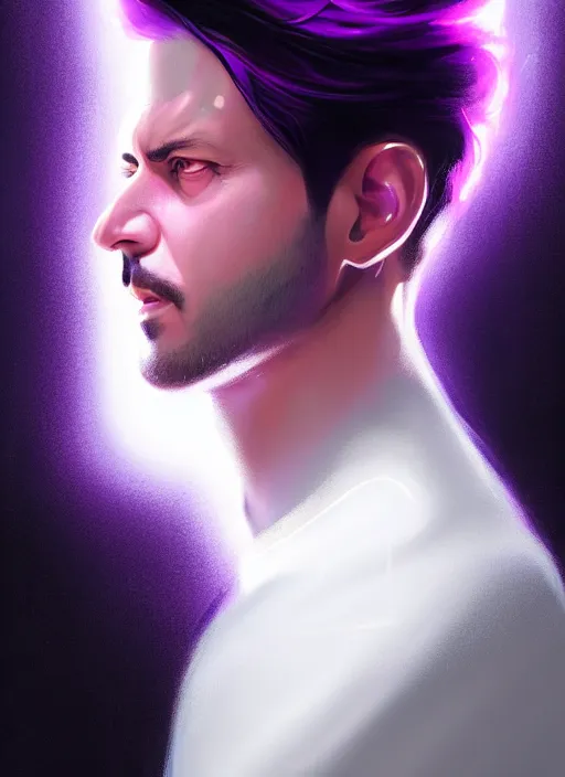 Image similar to portrait of imran khan, purple clothes, white bangs, two color hair, black hair and white bangs, intricate, elegant, glowing lights, highly detailed, digital painting, artstation, concept art, smooth, sharp focus, illustration, art by wlop, mars ravelo and greg rutkowski