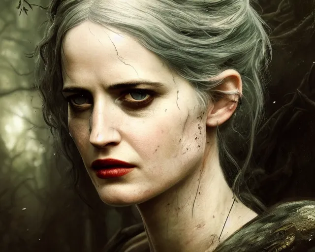 Image similar to 5 5 mm portrait photo of a real life tough looking eva green as ciri with a large scar along her left cheek, in a magical forest. dark atmosphere. art by greg rutkowski. highly detailed 8 k. intricate. lifelike. soft light. nikon d 8 5 0.