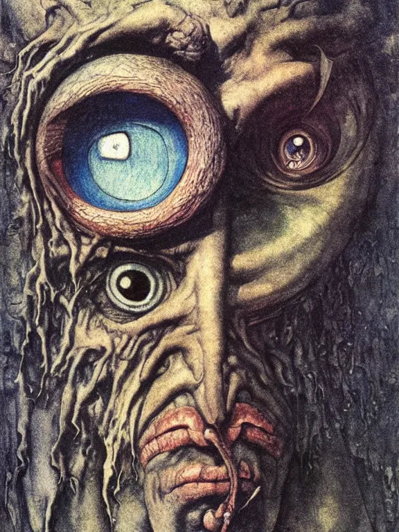 Prompt: one-eyed single-eyed blue-skinned Cyclops Polyphemus with one huge eye. Extremely high detail, details, realistic, solo, masterpiece, full-face portrait, colorful, art by Arthur Rackham, Muzinabu, Johann Tischbein, Zdzisław Beksiński