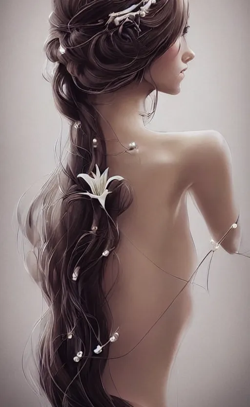 Image similar to beautiful long hairstyle with a lily and a few pearls, pinterest hair picture, back of the hair, hair is the focus, In style of Yoji Shinkawa, krenz cushart, Greg Rutkowski, highly detailed