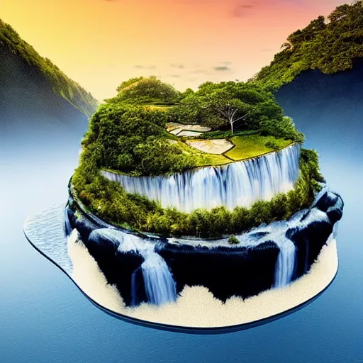 Image similar to “floating island in the sky, with a waterfalls, 4k image, award winning”