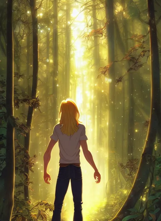 Prompt: book cover design, slender young man with long golden blond hair, shiny and sparkling, from behind, back shot, lost in a magical forest, natural lighting, path traced, highly detailed, high quality, cartoon, digital painting, by don bluth and ross tran and studio ghibli and alphonse mucha