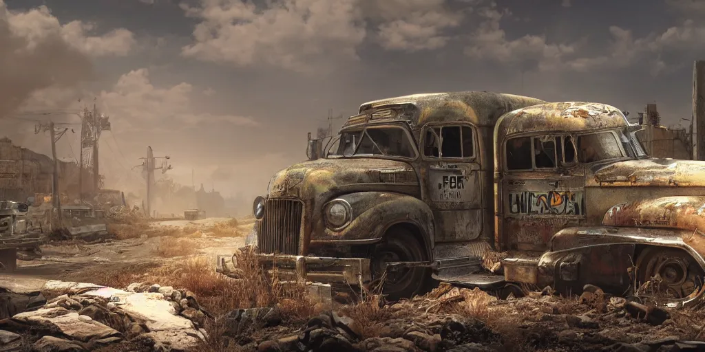Image similar to fallout concept art truck render ultra unreal engine 5