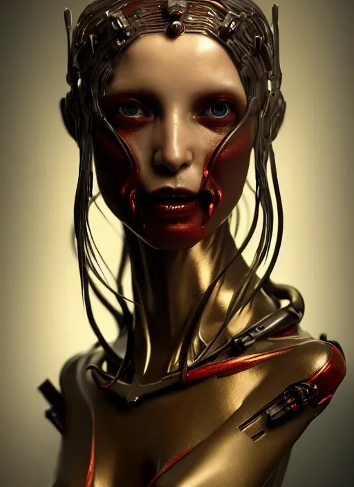 Image similar to portrait of a vampire female robot, intricate, dystopian toy, sci - fi, extremely detailed, biopunk suit, digital painting, sculpted in zbrush, artstation, concept art, smooth, sharp focus, illustration, chiaroscuro lighting, golden ratio, incredible art by stanley artgerm lau and greg rutkowski and alphonse mucha and simon stalenhag