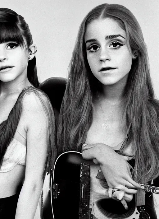 Image similar to beautiful, award winning photo of ariana grande on guitar and emma watson on drums in a 1 9 7 0 s rock and roll band. live at the woodstock concert, symmetrical eyes, 8 k, studio lighting t