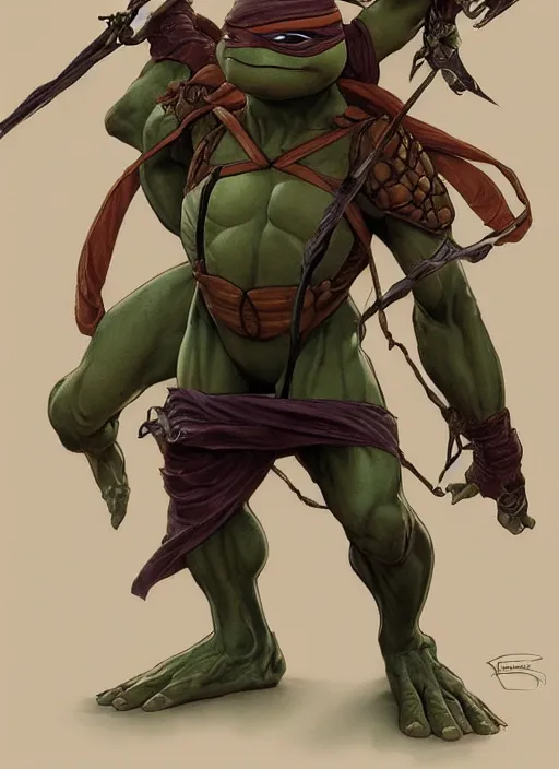Image similar to elegant renaissance concept art of a male young muscular teenage mutant ninja turtle 1 9 9 0 film, full figure dynamic fighting pose, fantasy, intricate, highly detailed, digital painting, artstation, smooth, sharp focus, illustration, art by artgerm and greg rutkowski and alphonse mucha