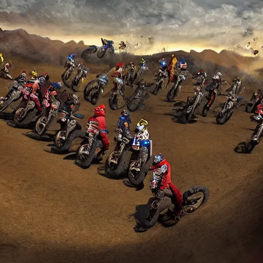 Prompt: erzberg rodeo off road motorcycle race in a 7 circles of hell by dante, game art, super detailed, 5 riders on a picture are going uphill