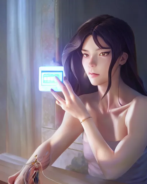 Image similar to goddess getting her blood pressure taken, ambient lighting, full shot, detailed face, 3 d shading, by makoto shinkai, stanley artgerm lau, wlop, rossdraws