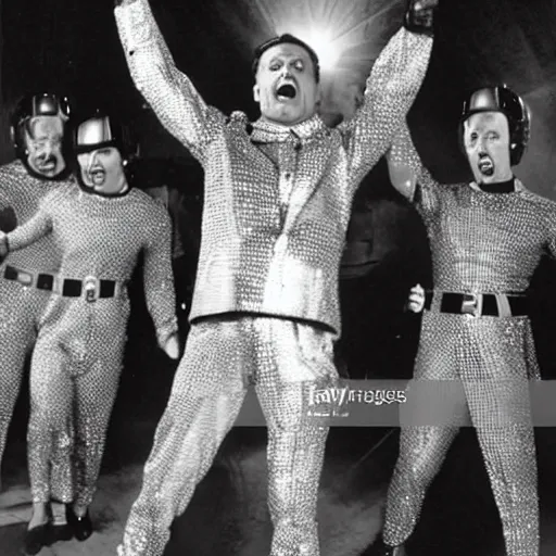 Image similar to A movie still of Mussolini wearing a disco suit in Satuday Night Fever