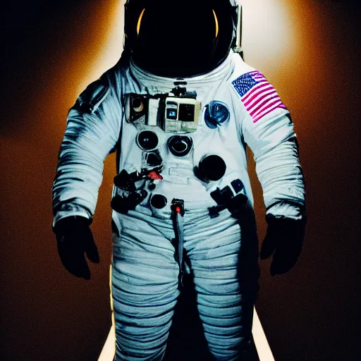 Image similar to dark photograph of an astronaut, lit from bottom, full body photo,, 8 k