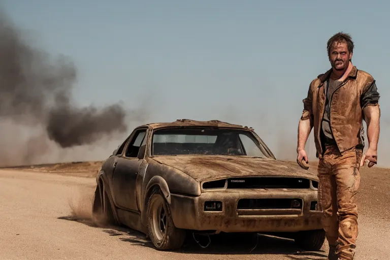 Image similar to Brian O'Connor in Mad Max Road Warrior, driving a (rusted), Nissan ((R34 GTR)), movie still, cinematic Eastman 5384 film, XF IQ4, 150MP, 50mm, F1.4, ISO 200, 1/160s, natural light