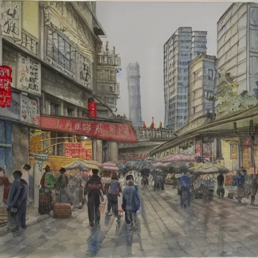 Image similar to Shanghai street scene, highly detailed, contemporary watercolor, smooth, by Joseph Zbikowicz, 8k