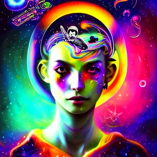 Image similar to A space pirate girl having an extremely colorful psychedelic experience in outerspace, warping time and space, magic mushrooms, psilocybin, LSD, face, space helmet, futuristic, detailed, intricate, elegant, highly detailed, digital painting, artstation, concept art, smooth, sharp focus, illustration, art by Krenz Cushart and Artem Demura and Alphonse Mucha