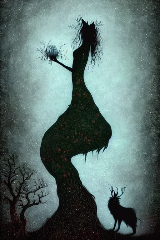 Prompt: surreal, fantasy, fairytale animals, haunted woods in silhouettes, by andy kehoe