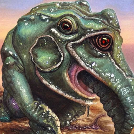 Image similar to frog - elephant creature, oil painting by kentaro miura