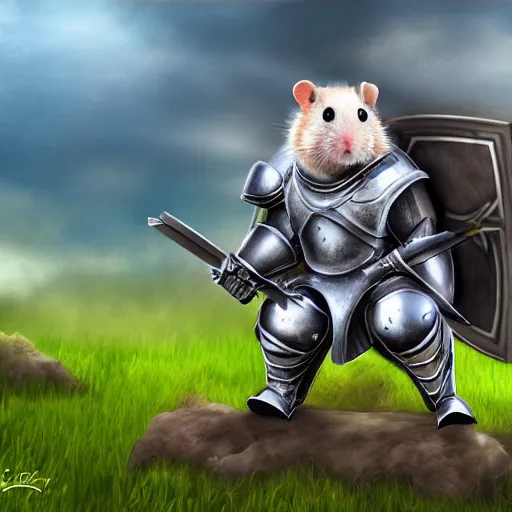 Image similar to a hamster wearing a full knight armor and looking shocked across a battlefield. digital art. 4 k