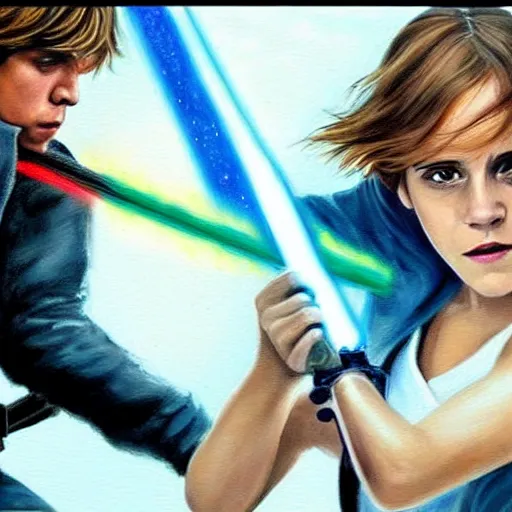 Prompt: a beautiful painting of Emma Watson fighting Luke Skywalker with a lightsaber, realistic Star Wars still