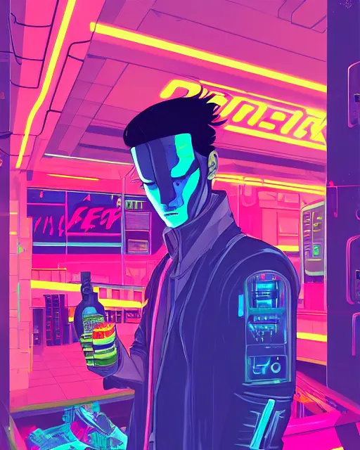 Image similar to cyberpunk man shopping at a neon soaked grocery store, science fiction painting, elegant intricate digital painting artstation, art by patrick nagel, detailed