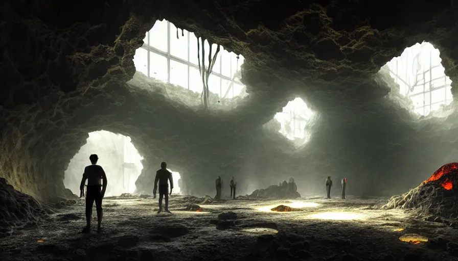 Image similar to high tech nomands exploring abandoned laboratory in volcanic cave, research station, hot lava, scifi, dark scifi, space horror, light, shadows, reflections, steam, epic composition, intricate, elegant, volumetric lighting, digital painting, highly detailed, artstation, sharp focus, illustration, concept art, ruan jia, steve mccurry