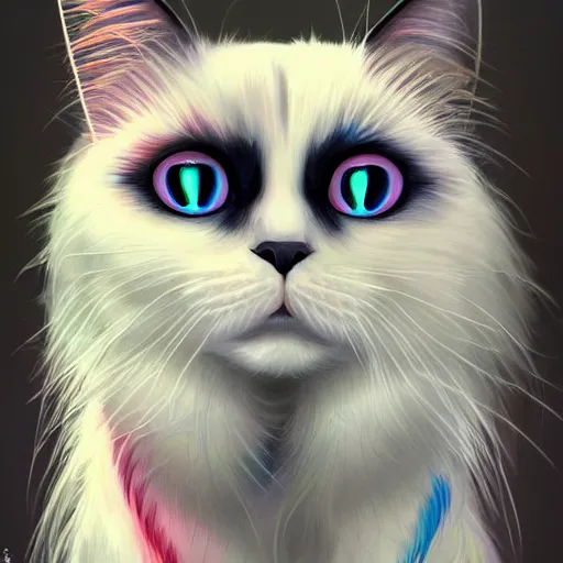 Image similar to symmetry!! portrait of cool and good - looking ragdoll cat, long cat hairs, big cat eyes, colorful lighting, hyperrealistic, trending on pixiv fanbox, style of marvel cinematic universe,