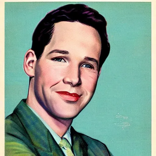 Image similar to “Paul Rudd portrait, color vintage magazine illustration 1950”