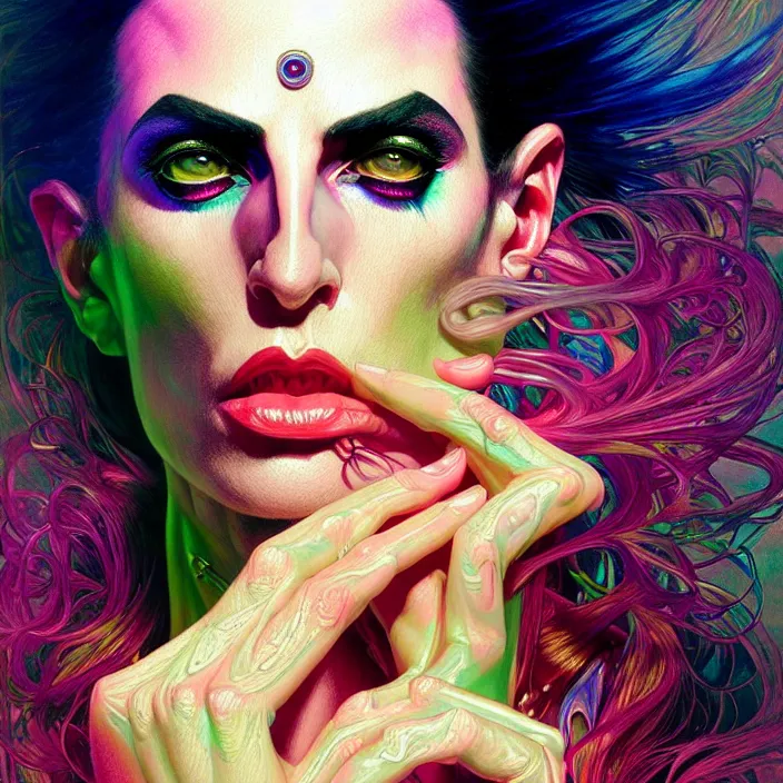 Image similar to bright psychedelic portrait of DIAMANDA GALAS, diffuse lighting, fantasy, intricate, elegant, highly detailed, lifelike, photorealistic, digital painting, artstation, illustration, concept art, smooth, sharp focus, art by John Collier and Albert Aublet and Krenz Cushart and Artem Demura and Alphonse Mucha