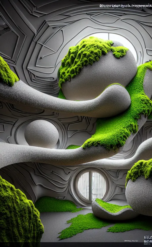 Image similar to highly detailed ultra sharp 3 d render villa interior cinematic composition of a smooth ceramic porcelain biomorphic magnolia stone nebula fluid fractal sci - fi surreal architecture landscape, granite, metallic, magnesium, marble, moss and lichen, vincent callebaut composition, mamou - mani, archviz, beautiful lighting, 8 k, unreal engine, hdr,