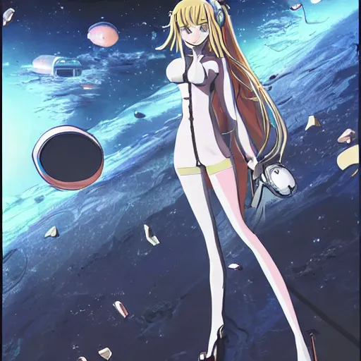 Image similar to beautiful and gorgeous anime girl in a thight plug suit scavenging a abandoned space station