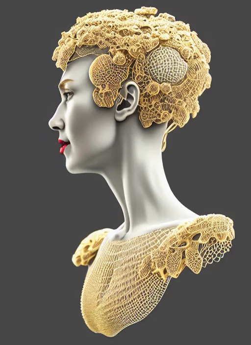 Prompt: complex 3d render ultra detailed of a beautiful porcelain profile woman face, mechanical cyborg, 150 mm, beautiful natural soft light, rim light, studio light, elegant gold details, magnolia big leaves and stems, roots, fine foliage lace, mesh wire, intricate details, hyperrealistic, mandelbrot fractal, anatomical, red lips, white metal armor, facial muscles, cable wires, microchip, elegant, octane render, H.R. Giger style, 8k