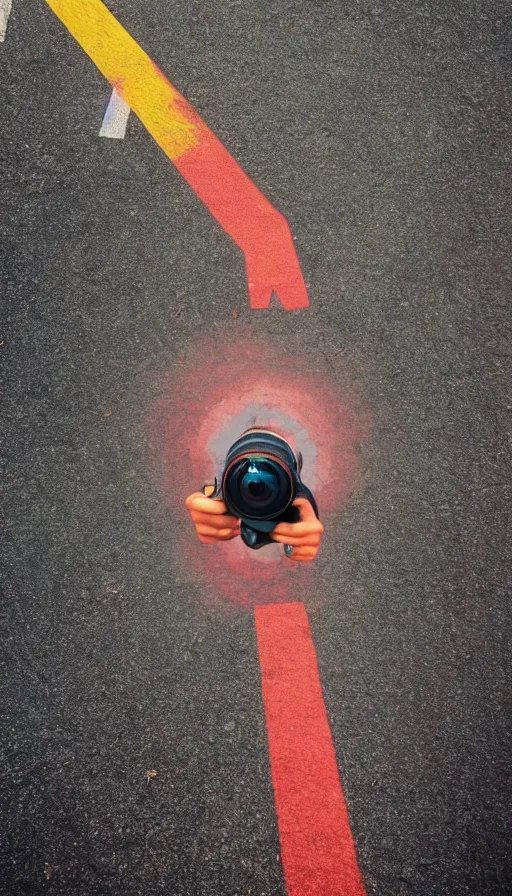 Image similar to photo of a giant mouth open on an asphalt road, realistic photo, gopro, looming, colorful, eerie