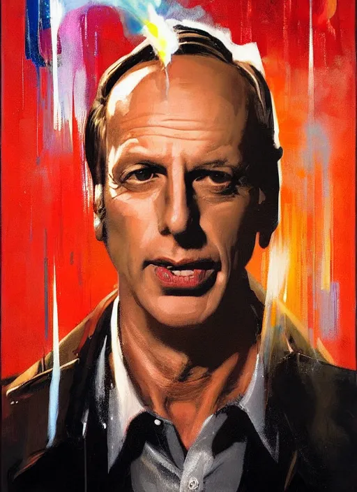 Prompt: 'howard hamlin from better call saul'!! 'patrick fabian'!! getting shot, head exploding, painting by phil hale, 'action lines'!!!, graphic style, visible brushstrokes, motion blur, blurry