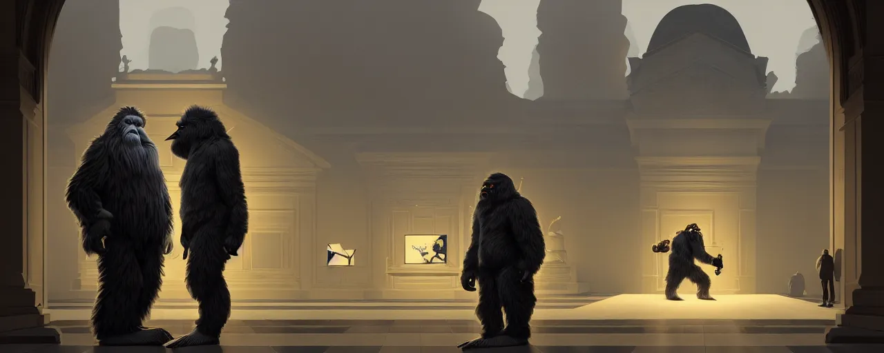 Image similar to duotone noir concept illustration 3 / 4 portrait of yeti and bigfoot visiting louvre museum. cinematic scene. vlumetric lighting. golden rario accidental renaissance. by sachin teng and sergey kolesov and ruan jia and heng z. graffiti art, scifi, fantasy, hyper detailed. octane render. concept art. trending on artstation