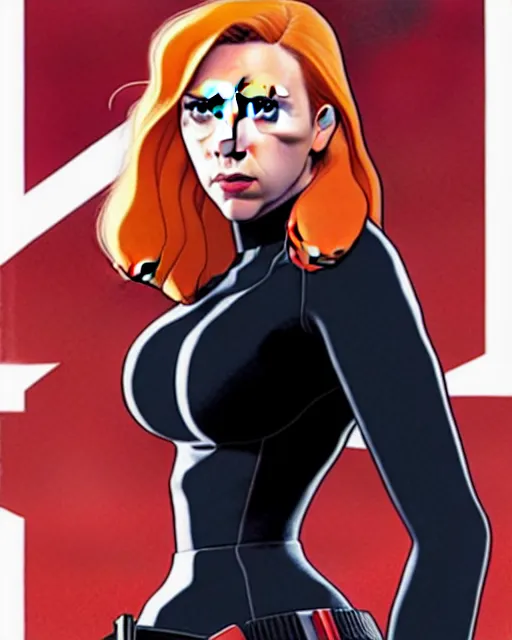 Image similar to phil noto comicbook cover art, pretty scarlett johansson black widow, symmetrical eyes, long red hair, full body, city rooftop