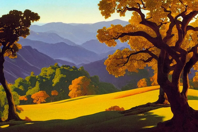 Prompt: masterpiece painting of oak trees along the ridge at dawn, by a. j. casson and john watkiss and edward okun and dan munford and maxfield parrish and j. c. leyendecker and erin hanson