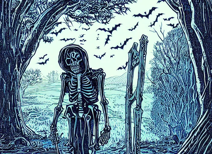 Image similar to blue woodcut print, cartoon halloween skeleton in graveyard at midnight by greg rutkowski, fine details, highly detailed