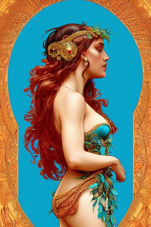 Image similar to monica belucci as the goddess hera, paper dress, volumetric lights, red and cyan theme, art nouveau botanicals, intricate, highly detailed, digital painting, artstation, concept art, smooth, sharp focus, symmetric face, illustration, art by artgerm and greg rutkowski and alphonse mucha