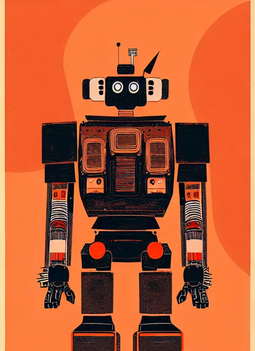 Prompt: Giant Robot by Karolis Strautniekas, editorial, detailed, intricated, matte print, stippling, texture, orange red black white