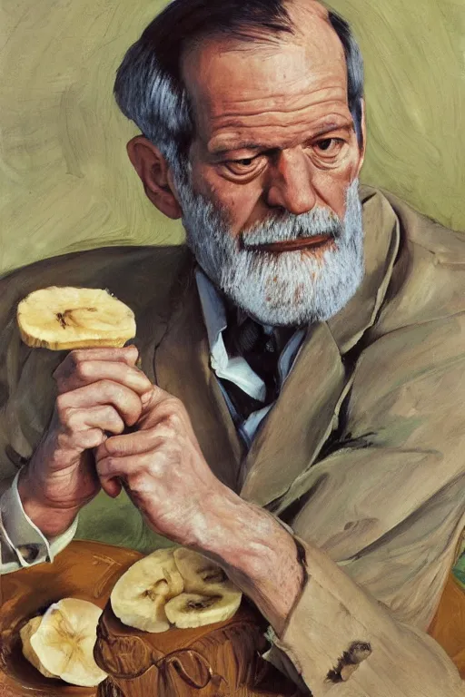 Image similar to portrait of sigmund freud eating one banana, twirling a hula hoop, by frank mccarthy, by lucian freud