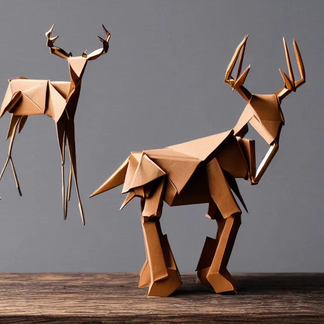 Image similar to a photograph of a deer origami and a robot mecha origami on top of a wooden table