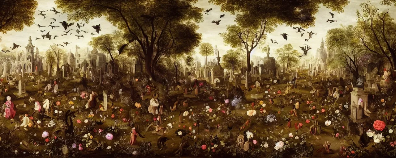 Prompt: 'Life from death' An aesthetic horror baroque painting depicting 'A graveyard with plants and flowers growing, ghosts + bats and crows flying around' by Jan Brueghel the Elder, Trending on cgsociety artstation, 8k, masterpiece, cinematic lighting, vibrant colors.