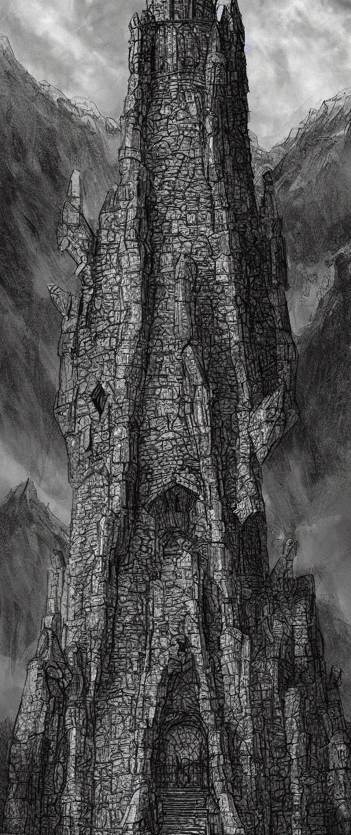 Image similar to lord of the rings high medieval tower with dark stones. the tower is on a hill. there are stone ruins at the bottom. a dark forest is all around the tower. illustration on artstation