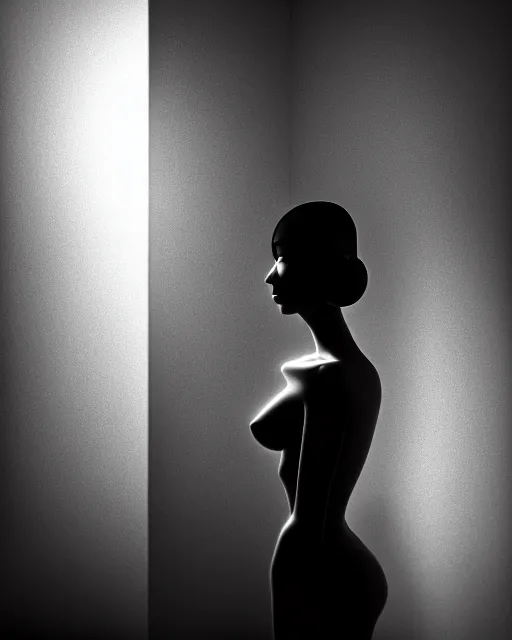 Image similar to black and white high quality photo of a beautiful female AI vegetal-cyborg looking into a sci-fi mirror, volumetric lighting, liminal space, brutalism, foggy, dreamy, hyperdetailed, bokeh, photorealistic, cinematic, masterpiece, elegant, dark, by Man Ray in the style of Horst P. Horst, octane render, 8K,