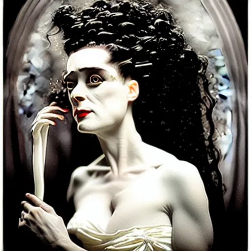 Image similar to a dramatic cinematic portrait photograph of bride of frankenstein influenced by alphonse mucha